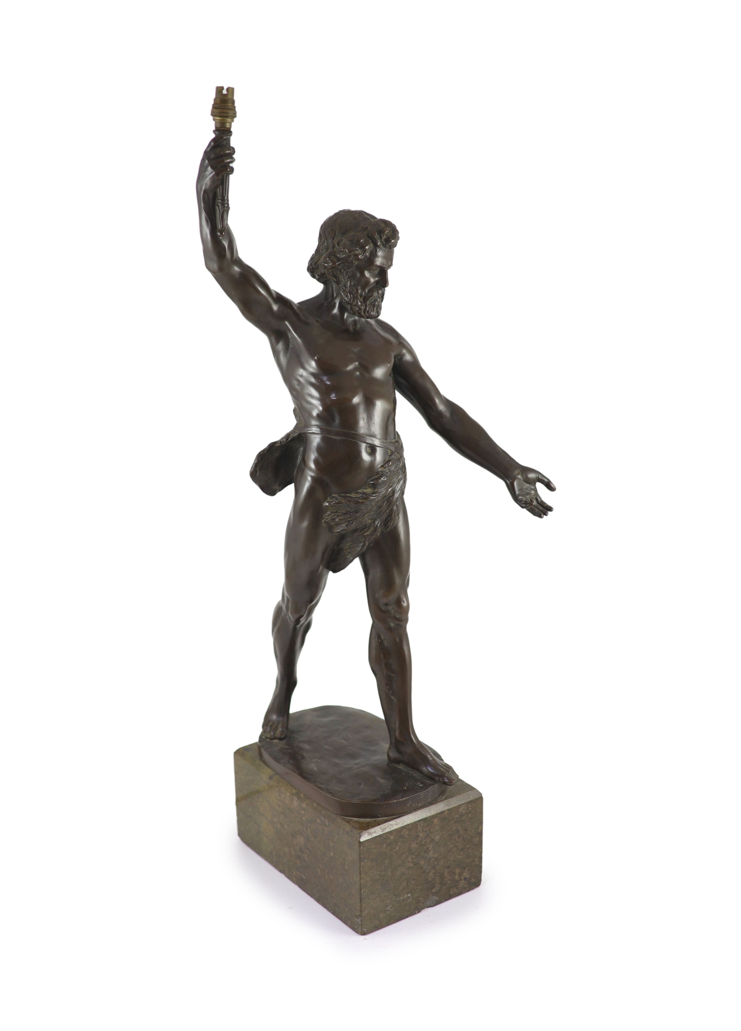Gotthilf Jaeger (German, 1871-1933), a bronze figure of Zeus mounted as a lamp H 75cm.